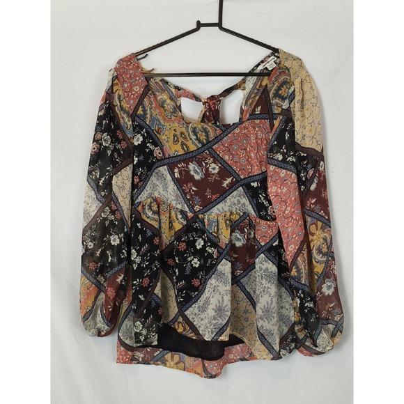 American Eagle Outfitters Tops - American Eagle Patchwork Print Balloon Sleeve Bow Tie Back Blouse Woman's Size M